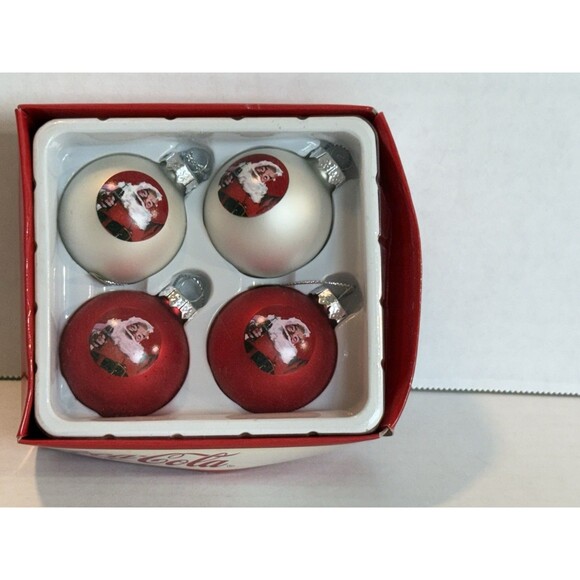 Coca-Cola 4 Glass Ball Holiday Ornaments In A Box Collectors Item White & Red - Picture 1 of 2